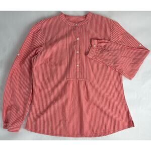 L.L. Bean Cotton Salmon Pink Stripe Roll Tab Tunic Shirt Nautical Coastal Large